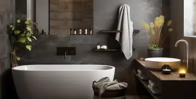 Bathroom view with large tub beside sink