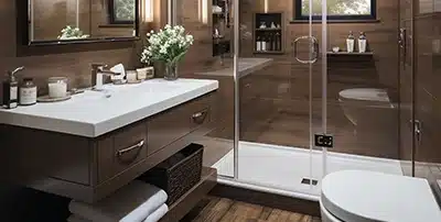 Beautiful arrangement of bathroom shower, toilet, and sink